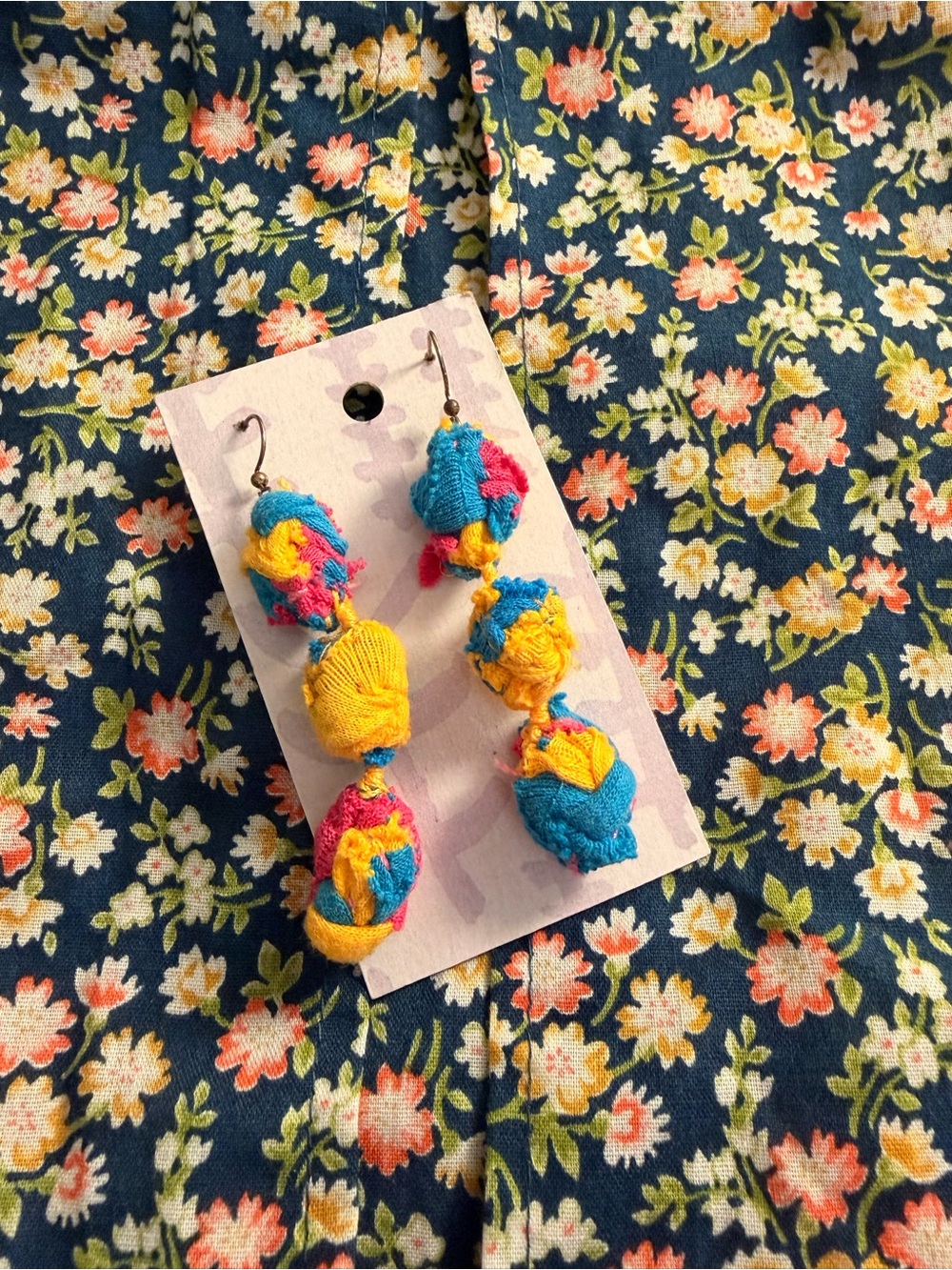 Handmade Colorful Cotton Pom Pom Drop Earrings - Blue, Yellow & Pink